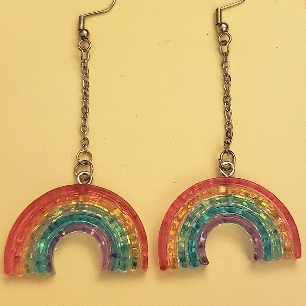 Handmade Rainbow Glitter Dangle Chain Earrings